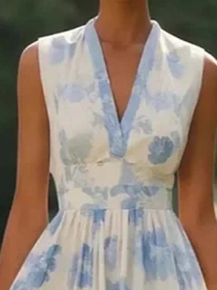 Frühling Elegante Blumen Druck A-Line Lange Kleider Frau Sexy V-ausschnitt Hohe Taille Party Kleid Sommer Ärmellose Urlaub Kleid Vestido