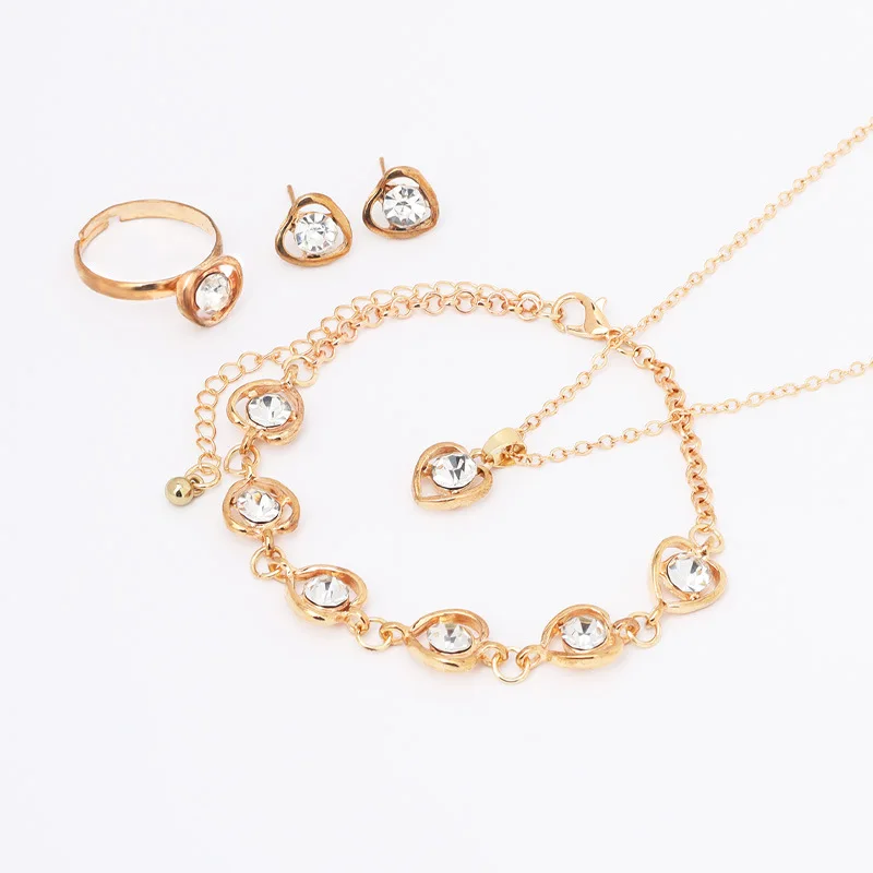 5pcs/Set Women Crystal Love Jewelry Fashionable Elegant High End Peach Heart Necklace Earrings Rings Bracelets Necklace