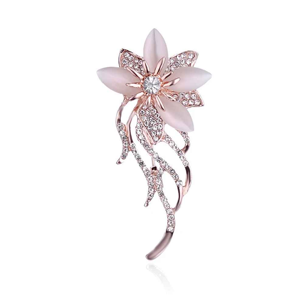 Fashionable Opal Stone Flower Brooch Pins Garment Accessories Inlaid Rhinestone Metal Brooches for Women Party Wedding Gifts