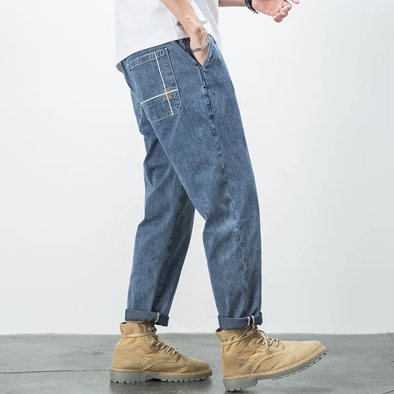 

Oversized Men Jeans Spring Summer New Mercerized Cotton Harlan Pants Fat Denim Trousers Outdoor Trekking Tooling Plus Size Daks