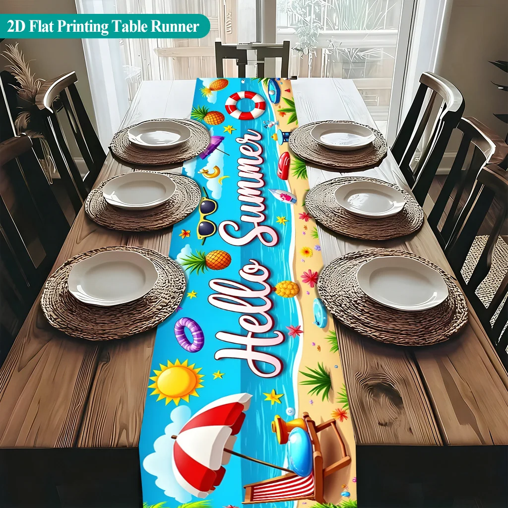 1PC 2D Flat Printing Hello Summer Vibes Table Runner, Polyester Rectangular Table Cover for Indoor Outdoor Dining, Family Gather