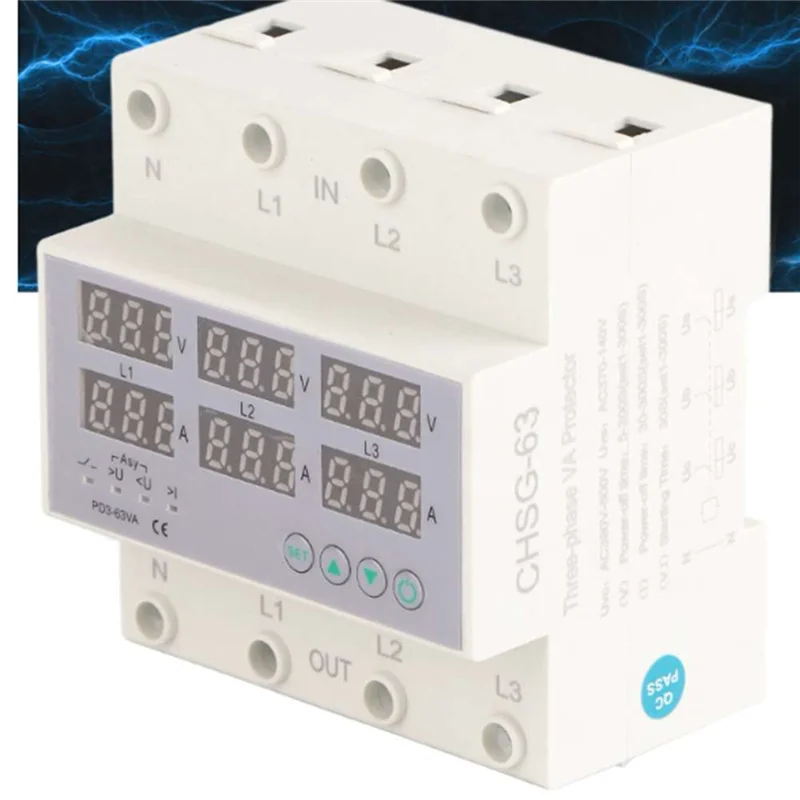 AC56-3 Phase DIN Rail Voltmeter Ammeter Automatic Overvoltage Overcurrent Protector AC 390‑500V
