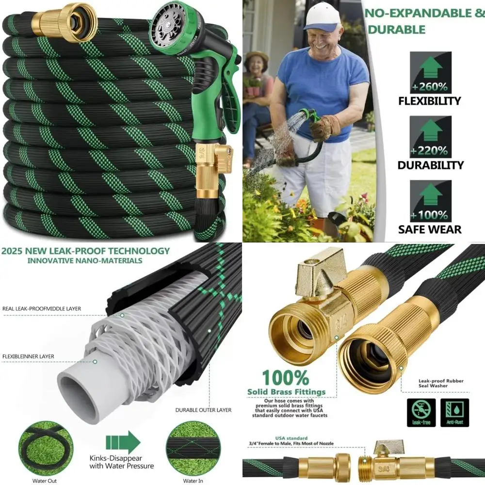 

Гибкий садовый шланг длиной 150 футов с 10-функциональной распылительной насадкой, латунными фитингами, легкий и прочный для наружного использования