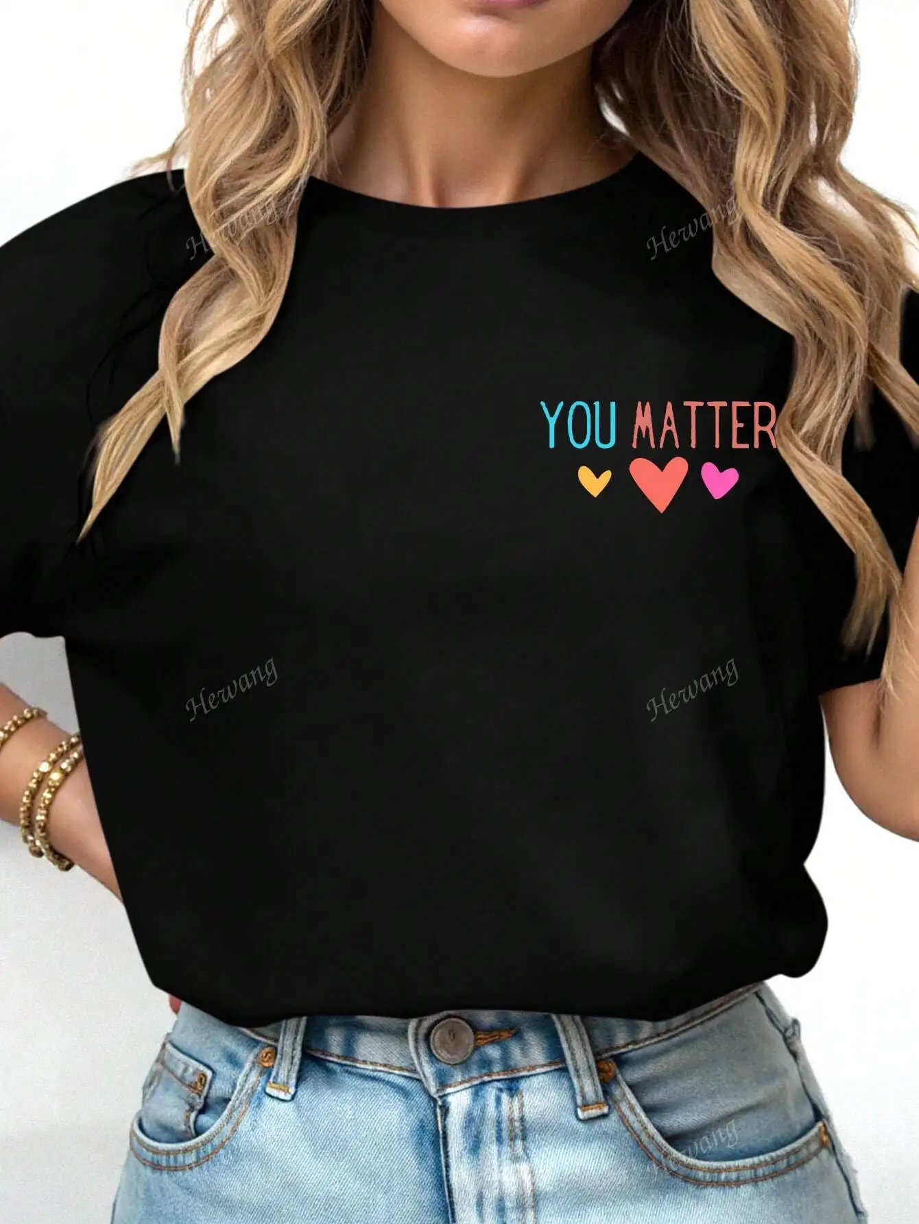 

Plus Size Women's Inspirational T-Shirt "You Matter" With Heart Print Casual Crew Neck Short Sleeves Knitted Fabric Summer Top