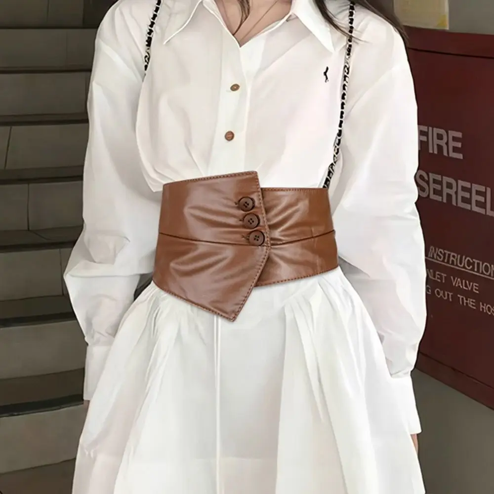 Casual Goth Retro Wide Girdle PU Leather/Fabric Fashion Trouser Button Belt Simple Design Cummerbund For Women Lady Girl Bridal