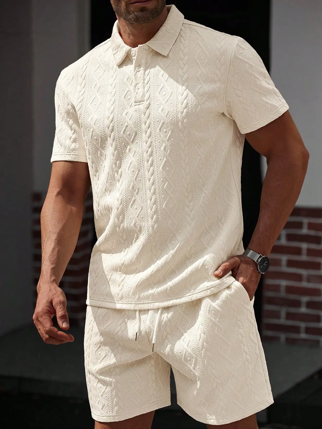 

Men's Textured Geometric Pattern Polo Shirt and Shorts 2-Piece Set, Casual Summer Outfit