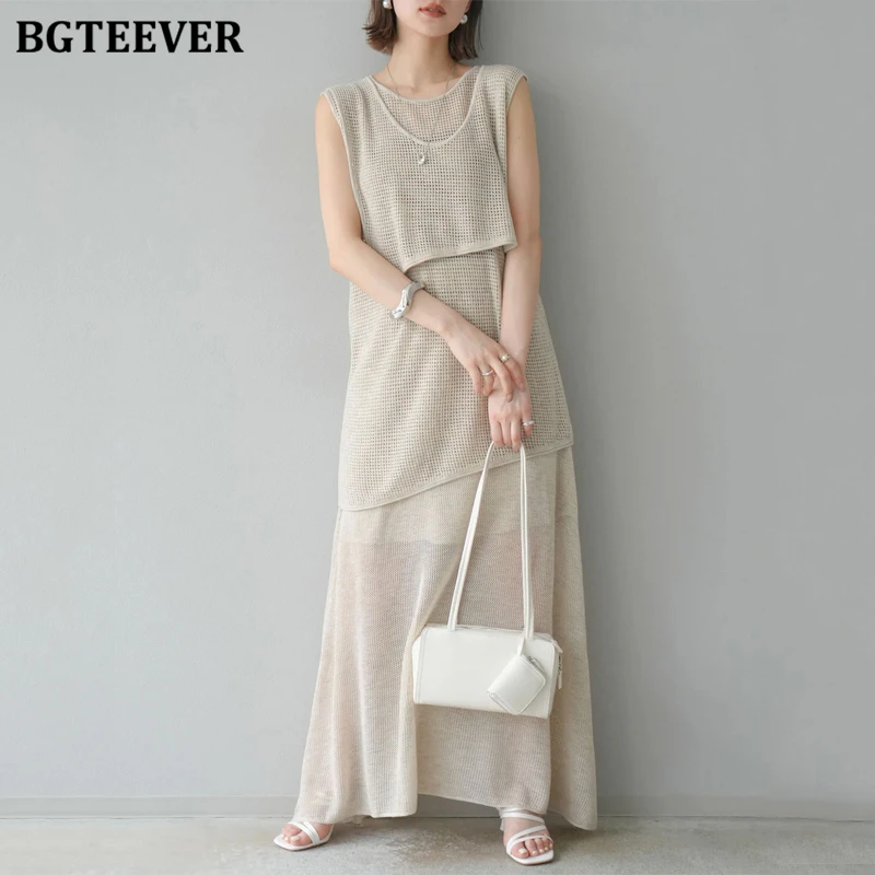 

BGTEEVER летние свободные женские трикотажные наряды с круглым вырезом без рукавов, нерегулярные жилеты и длинные юбки, женский комплект из 2 предметов