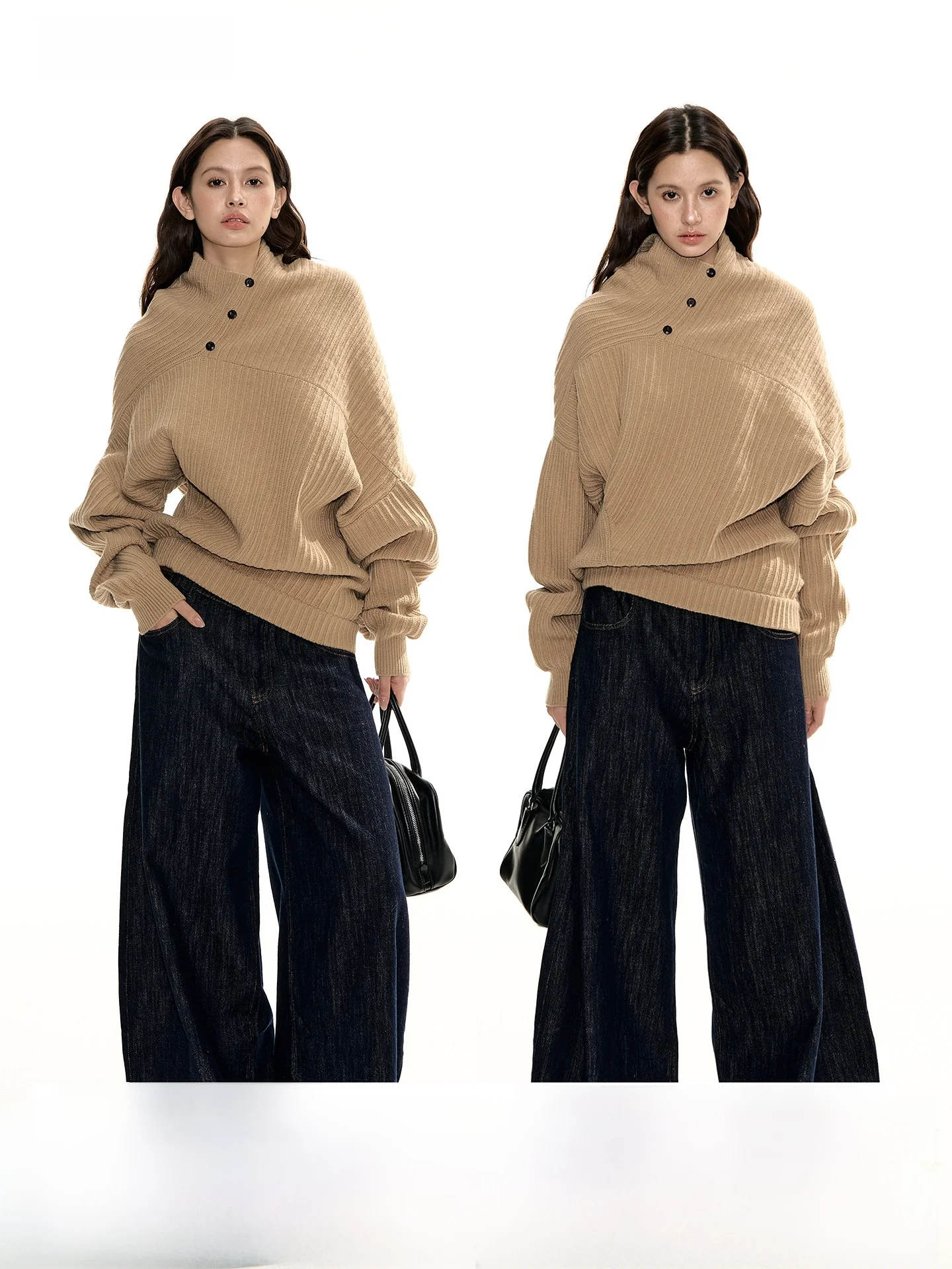 

RedBling Original Thiened Khaki Knitted Sweater Design Winter Side Button Outerwear Long Sve Loose Fit Women's Top