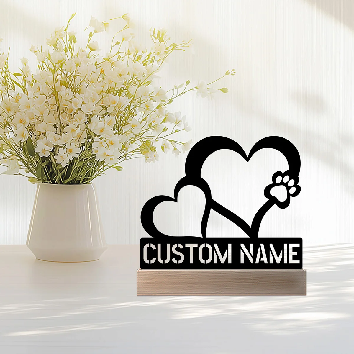 

1 pc pretty love footprint Custom Name Tin Ornament With Wood Base Tin Sculpture Art Crafts With Wood Base Home Table