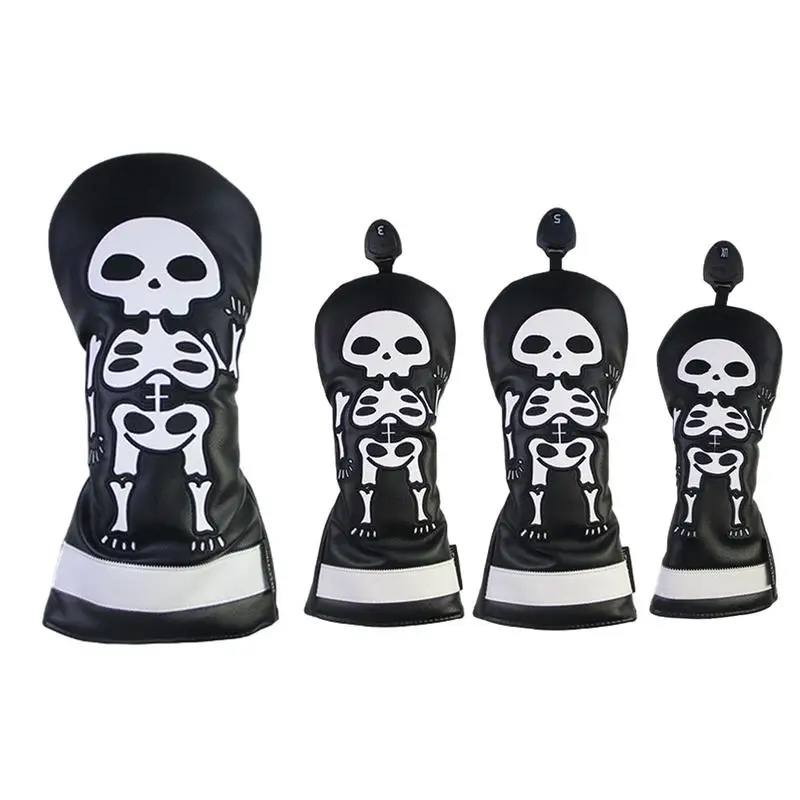 Golf Club Headcovers 4pcs Golf Headcovers Protector Skeleton Pattern Embroidery Golf Headcovers Protector Halloween Themed