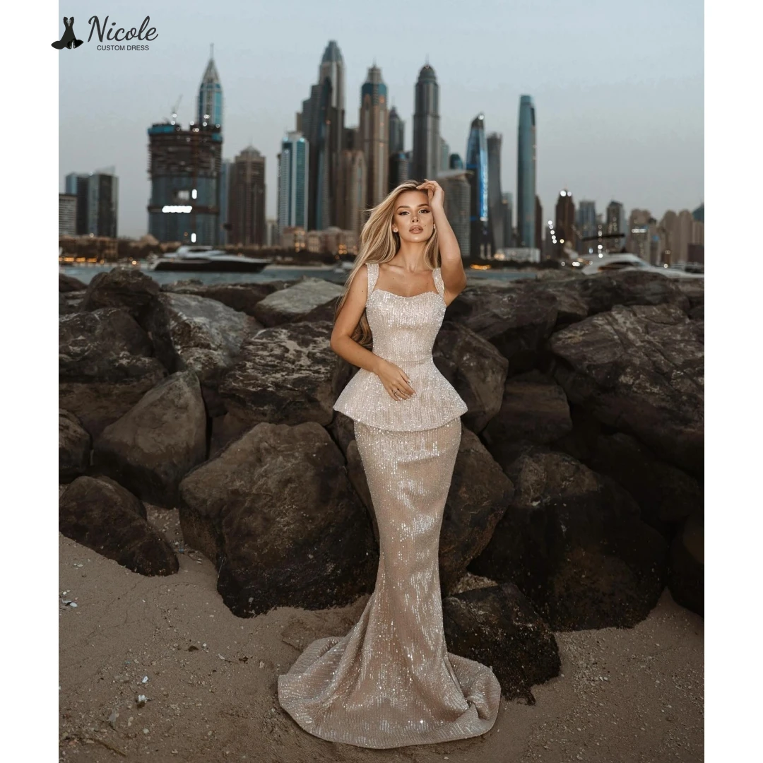 Nicole lussuoso abito da ballo di lusso 2025 gonna a coda di pesce su misura spalline larghe colletto quadrato abiti da cerimonia nuziale