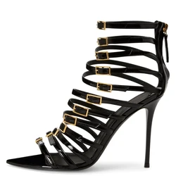Explosion trend pointy patent High heel straps sandals Golden fastener back zipper sexy party women high heels for 2025 New