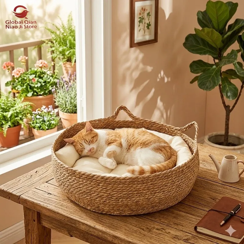 Straw‑woven and Rattan‑woven Cat Bed, All‑season Usable Cool Summer Dog Bed, Cat Bed, Pet Bed