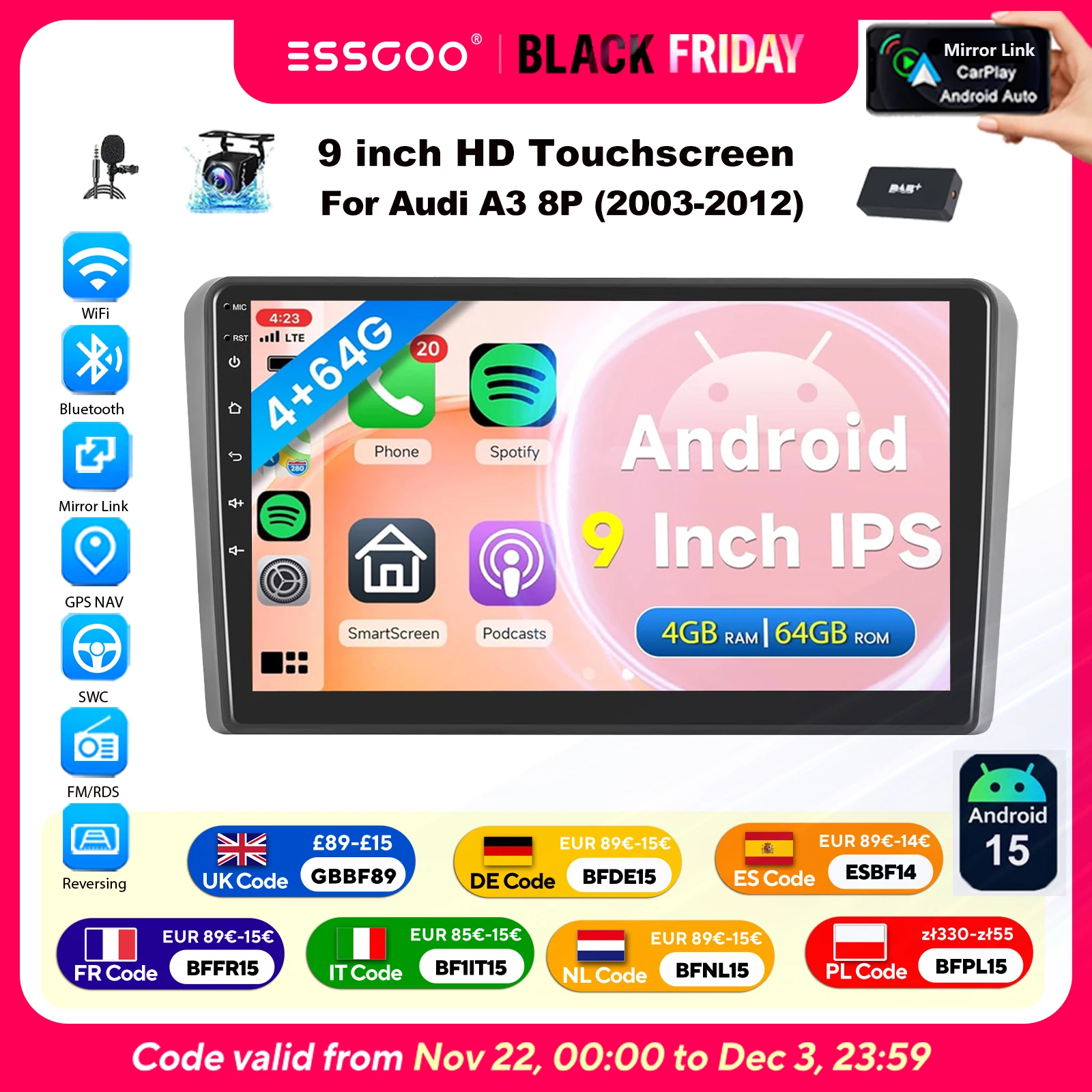 ESSGOO Autoradio Android15 9" 4+64 GB für Audi A3/S3 (8P/8V) RS3 8PA 2+32 GB Wireless CarPlay GPS Navigation RDS FM AM WiFi Bluetooth Lenkradsteuerung Mirror Link Android Auto