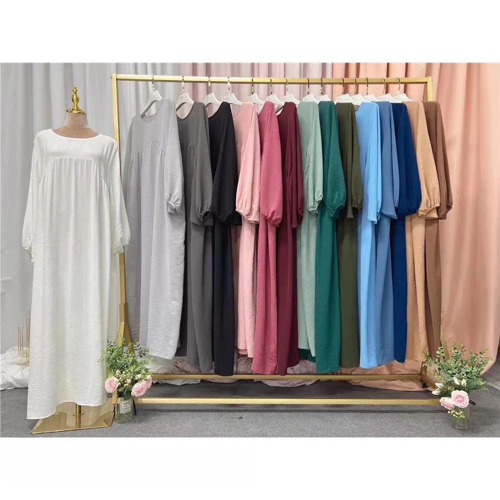 

New Pure Color Loose Long Dress round Neck Long Sleeve Ethnic Style Dress Women's Fashionable Casual A-Line Gown