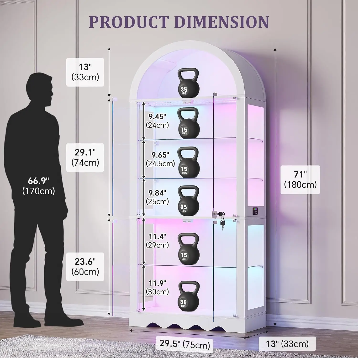 Curio Display Case, Glass Doors, Adjustable Large Shelves, Motion Sensor, APP Control, 70.8 inch, for Collectibles, Customized