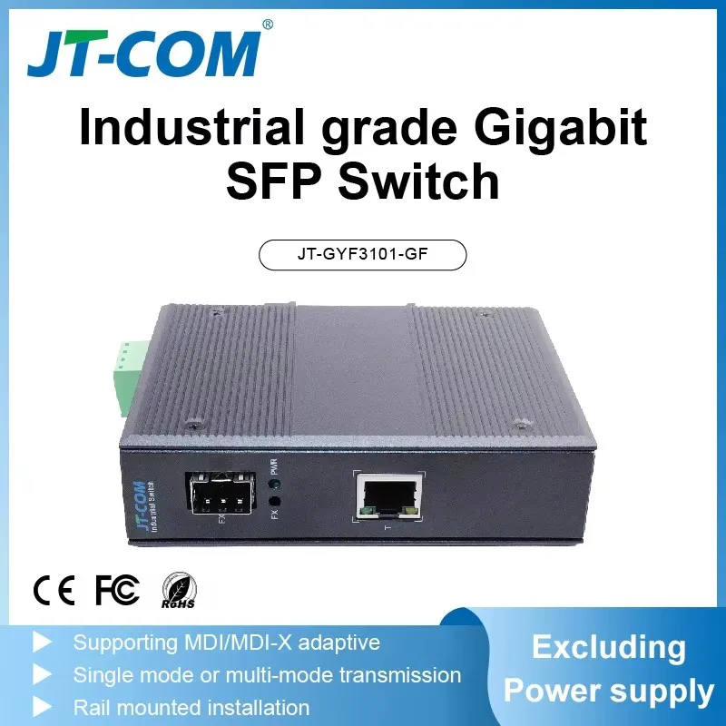 JT-COM Gigabit Industrial Ethernet Switch Media Converter SFP Transceiver with 1*1000Mbps SFP ports+1*1000Mbps RJ45 ports