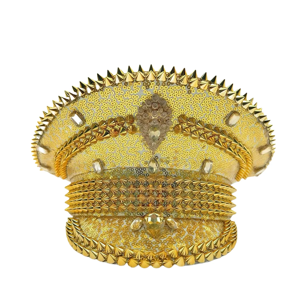 HongLuan Gelber Laser-Leder-Loop-Kapitänshut mit Strasssteinen und Militärkappen für Damen, Rave-Festivals-Accessoires und Partymütze für Herren