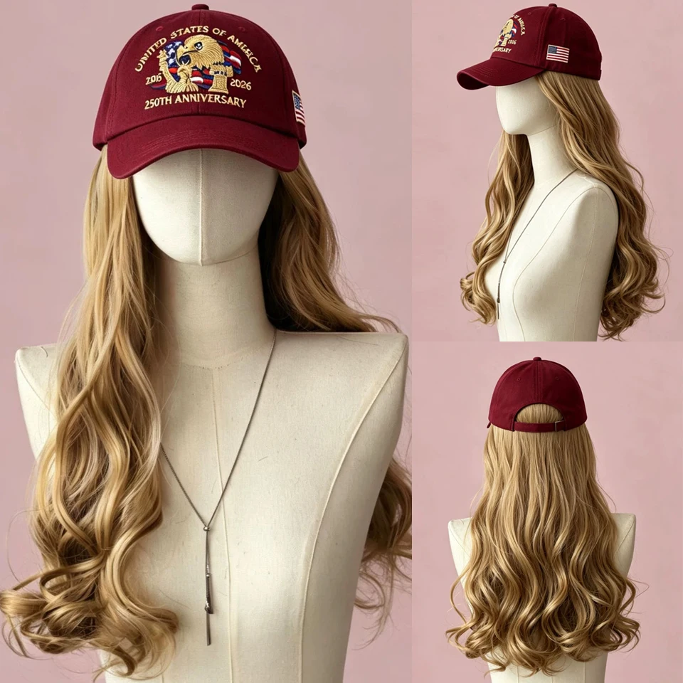 Baseball Cap Wig Long Natural Wave Blonde Hair Extensions With Hat Heat Resistant Synthetic Adjustable Red Cap Wigs for Women