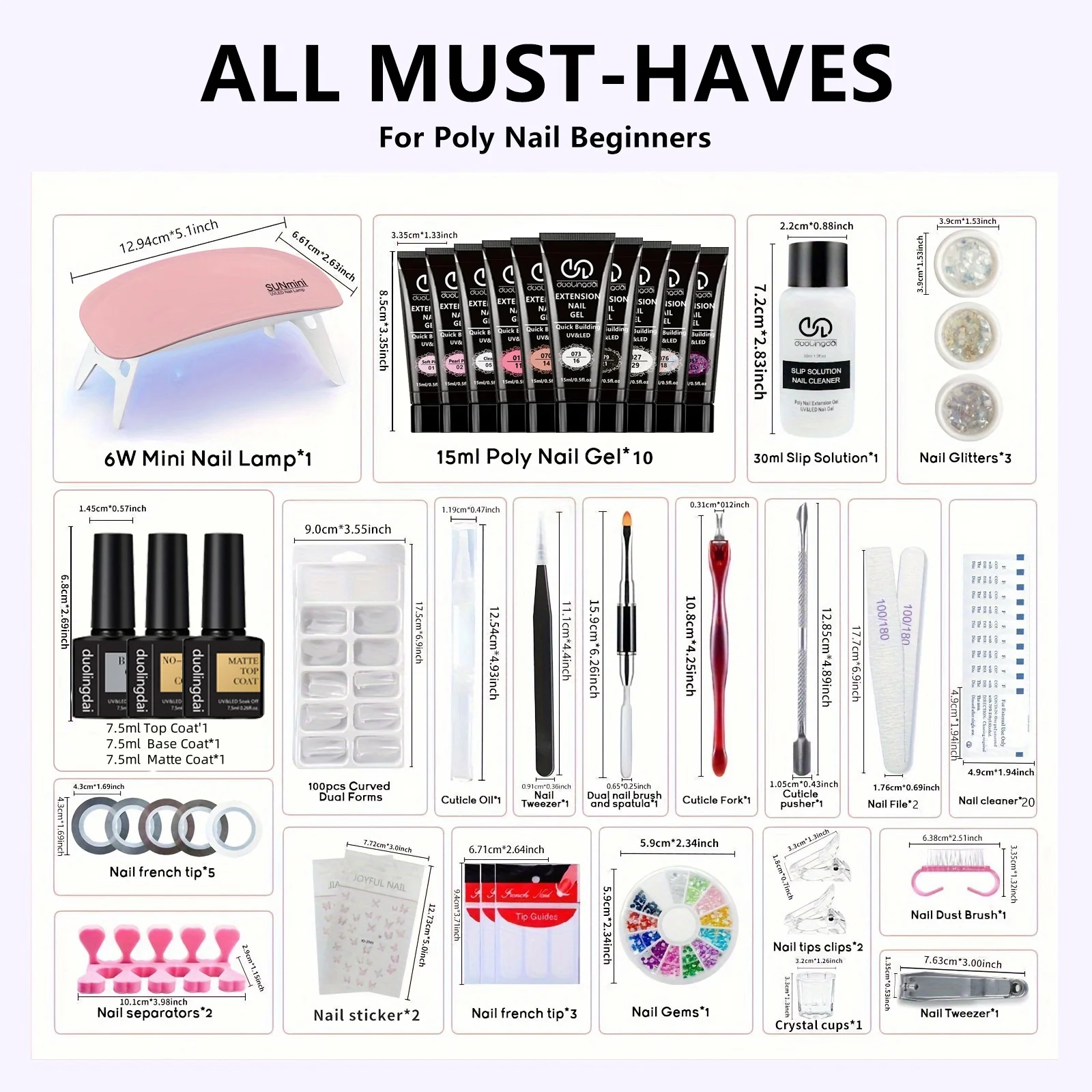 Doolingdai Poly Nail Gel Starter Kit with 6W UV/LED Lamp & 10 Colors - All-in-One Manicure Set with Base Top Matte Coat Slip Solution, 100 Dual Forms & Tools, 28+ Days Long Lasting USA Stock