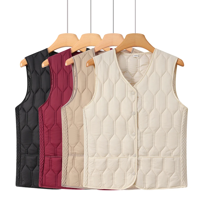 

Autumn Winter Down Cotton Solid Color V-neck Sleeveless Vest with Lightweight Warm and Slim Fit Comfortable Versatile Base Vests