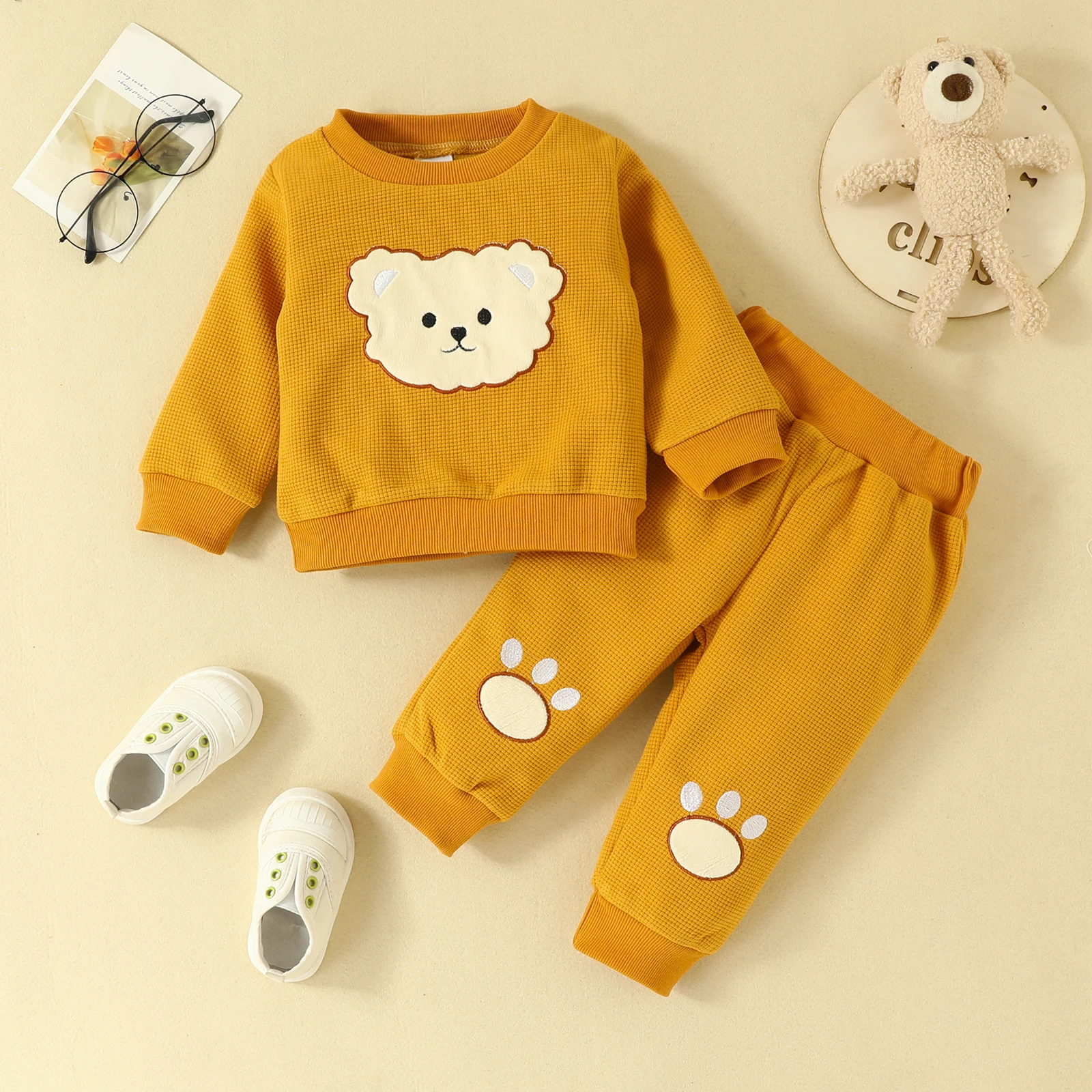 Baby Cute Cartoon Bear Head Embroidered Long-sleeved Bear Claw Embroidered Trousers 2pcs Autumn Winter