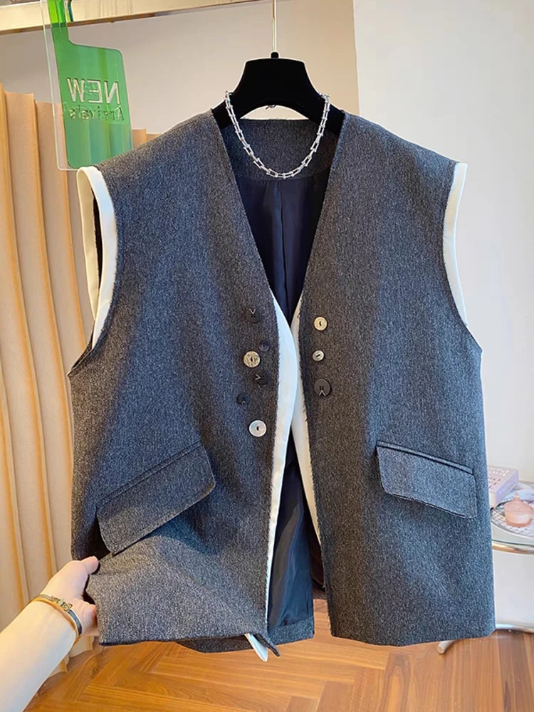 

Spring Autumn Color Block V Neck Suit Jacket Women Loose Fashion Design Sense Fake Two Piece Shoulder Pad Top Coat Trendy