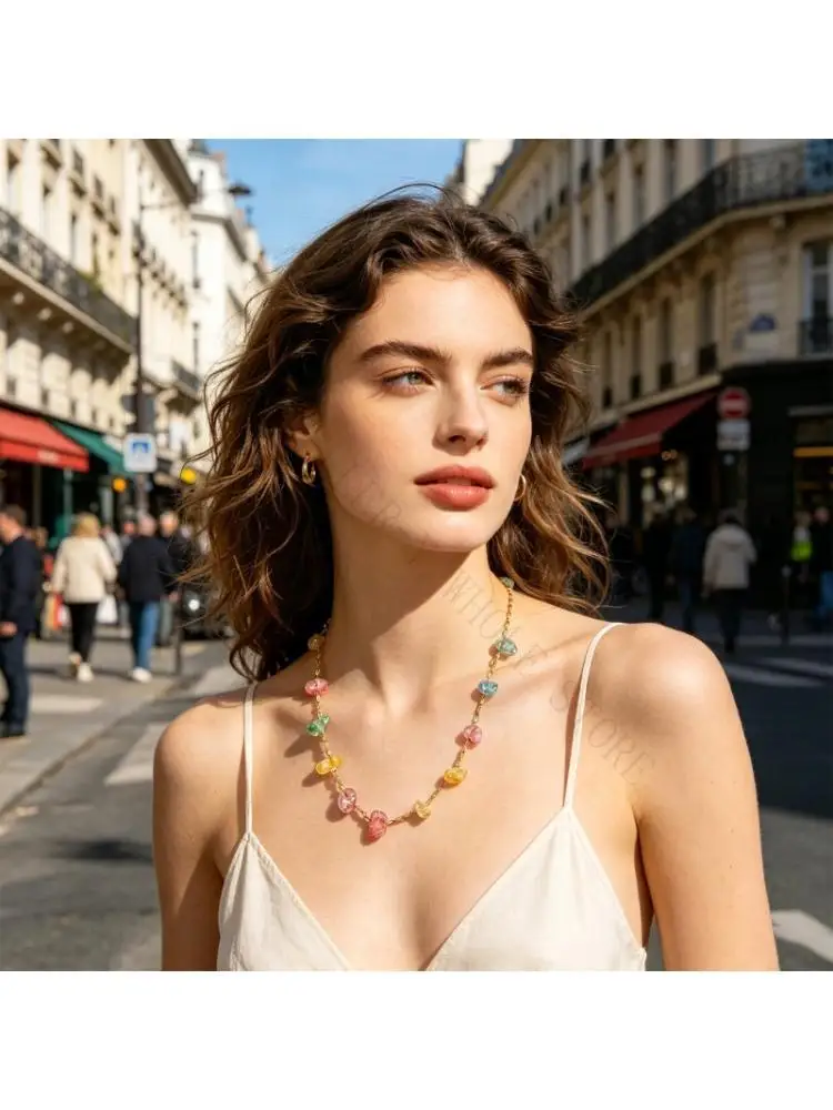 R7UF Multicolor Stone Bead Jewelry for Women Steel Chain Accent Easy Matching Necklace or Bracelet Styles