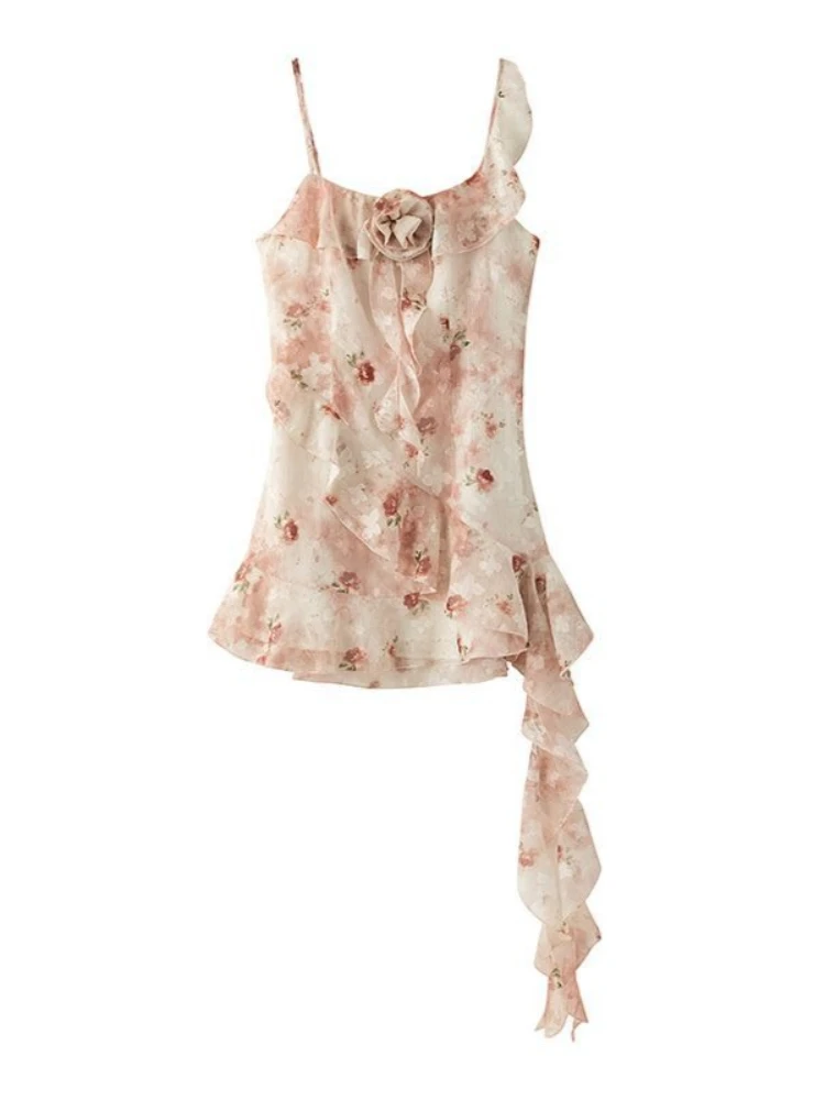French Sweet Cute Summer Pink Floral Print Spaghetti Strap Ruffle High Waist Mini Dresses Women Beach Holiday Daily Wear Party