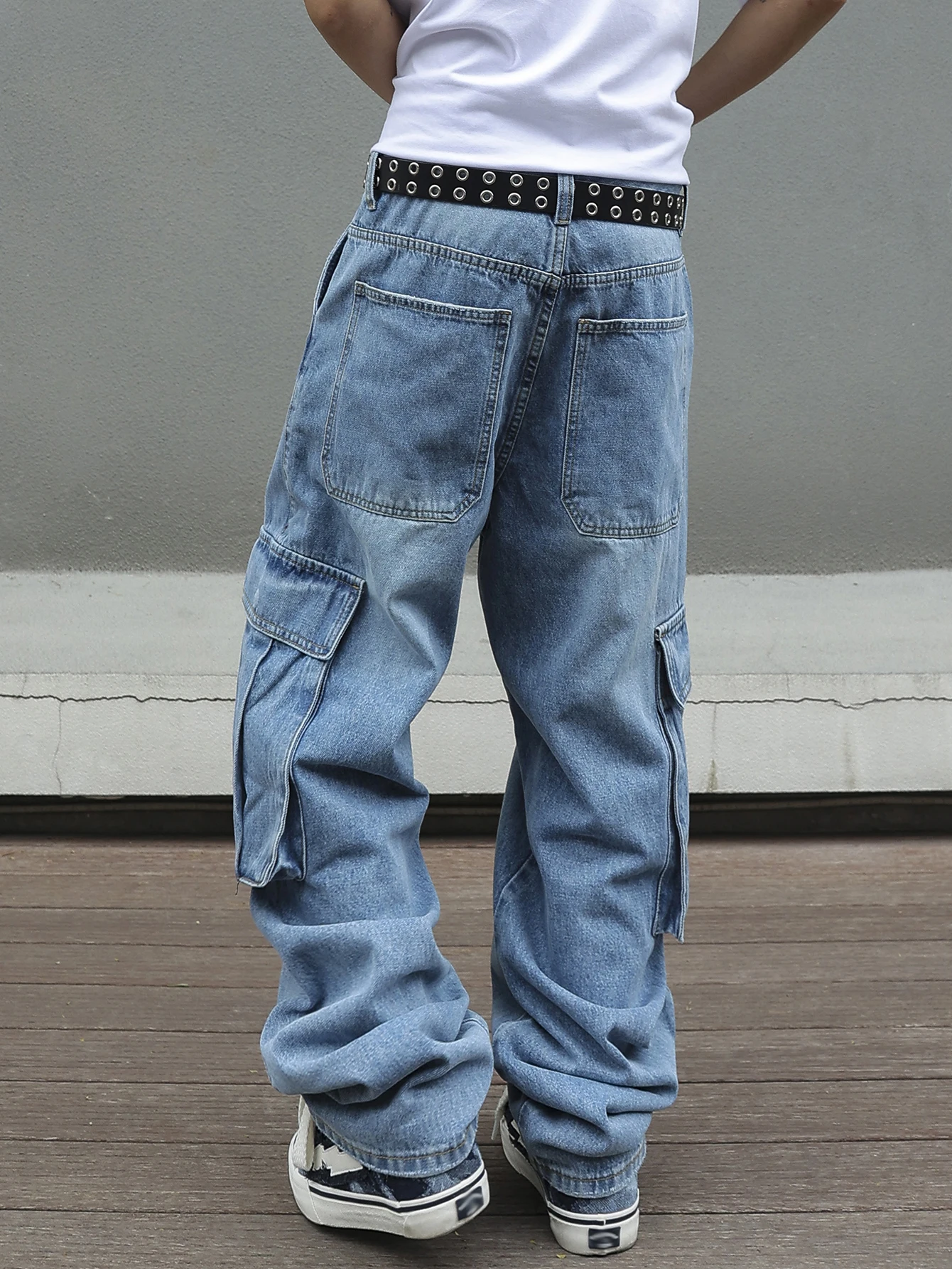 ผู้ชาย Baggy Cargo กางเกงสีฟ้าล้าง DENIM Multi-Pocket กางเกงยีนส์ขากว้าง VINTAGE ดูหลวม Fit streetwear สไตล์