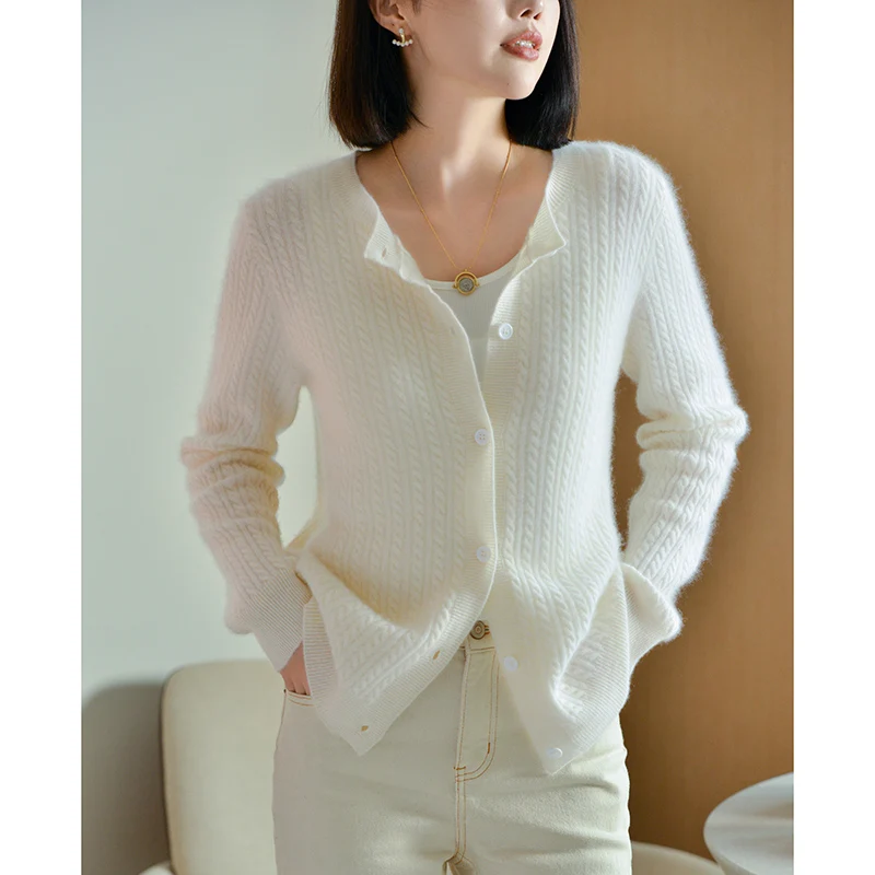 Cashmere sweater autumn/winter new 100% pure wool cardigan casual knitted sweater round neck Tops ladies loose Blouse Coat