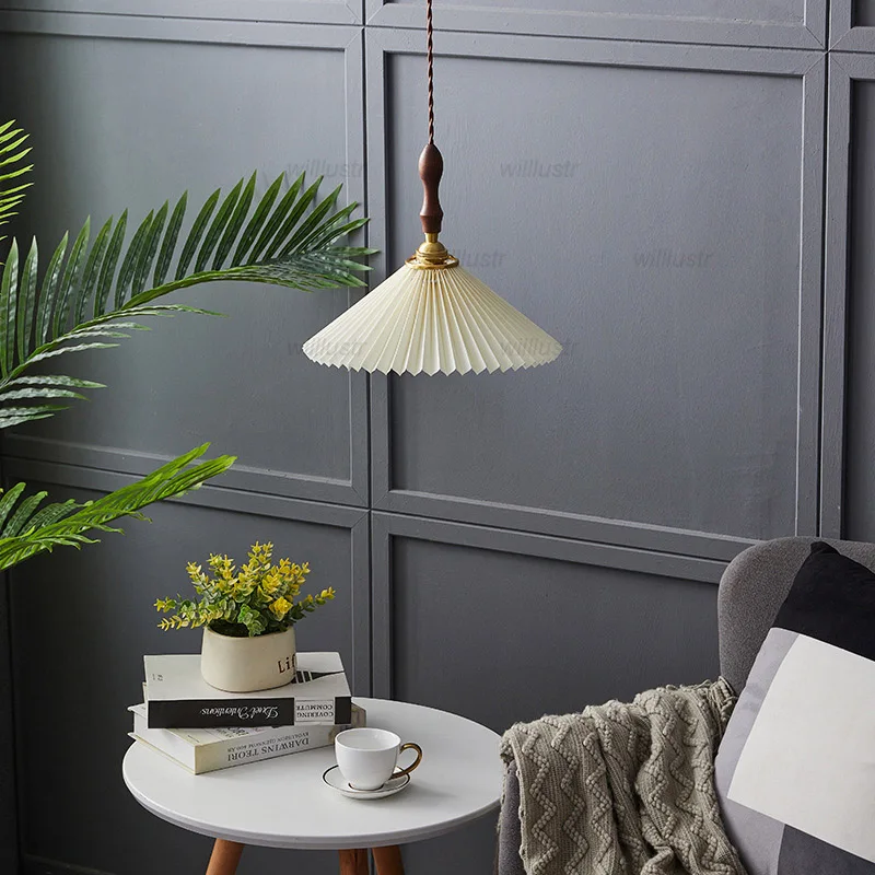 Vintage Walnut Wood Pendant Lamp Pleated Fabric Suspension Light Hotel Cafe Bar Retro Copper Hanging Ceiling Chandelier Vintage Walnut Wood Pendant Lamp Pleated Fabric Suspension Light Hotel Cafe Bar Retro Copper Hanging Ceiling Chandelier