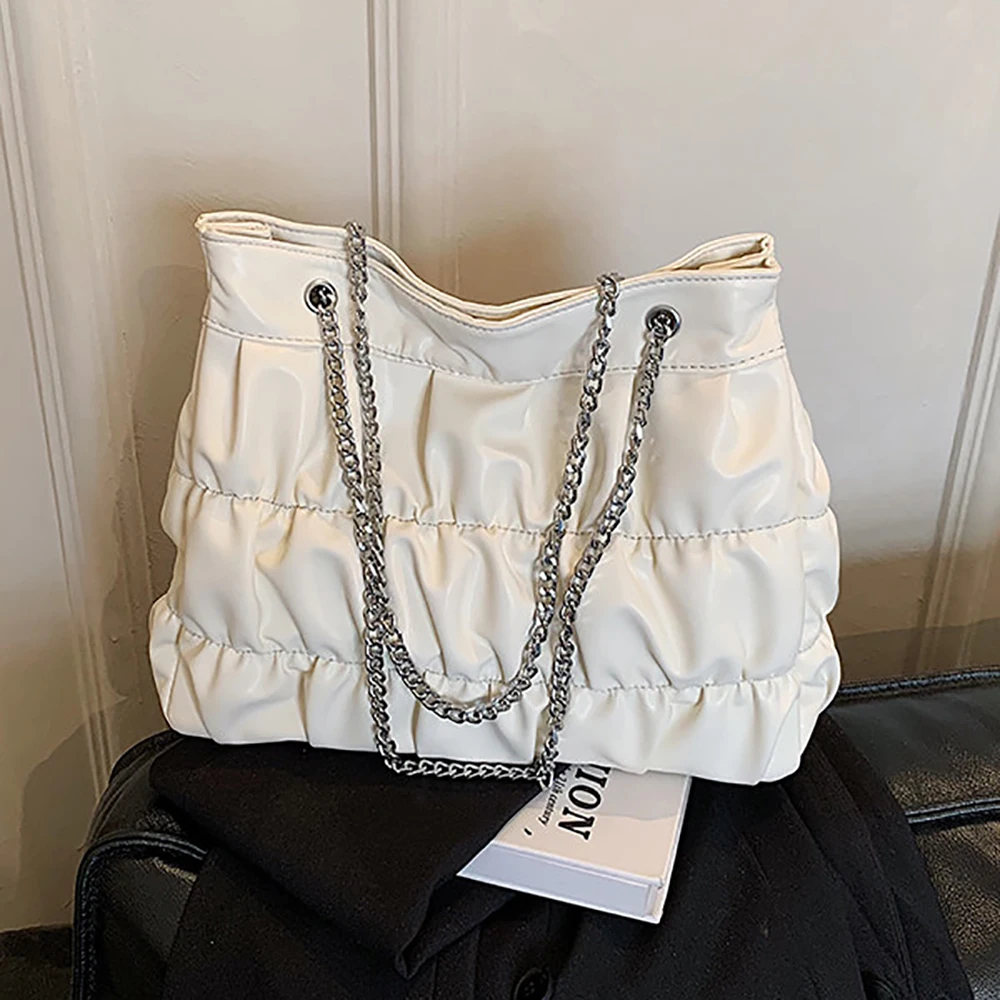

Large Capacity Ladies Tote Bag Fashion Designer Quilted One Shoulder Bags Soft Leather Commuter Female Pleated Handbags