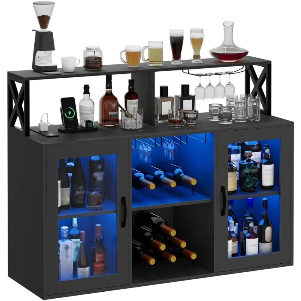 

Bar Cabinet For Home, Liquor Cabinet With Power Outlets, Led Lights And And Glass Holder, Wine Cabinet With Storage,