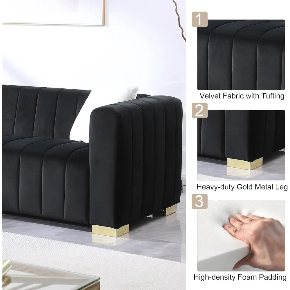 2 Piece Living Room Furniture Set, Including Loveseat and 3-Seater Sofa Couch with Channel Tufted Velvet Fabric, Black