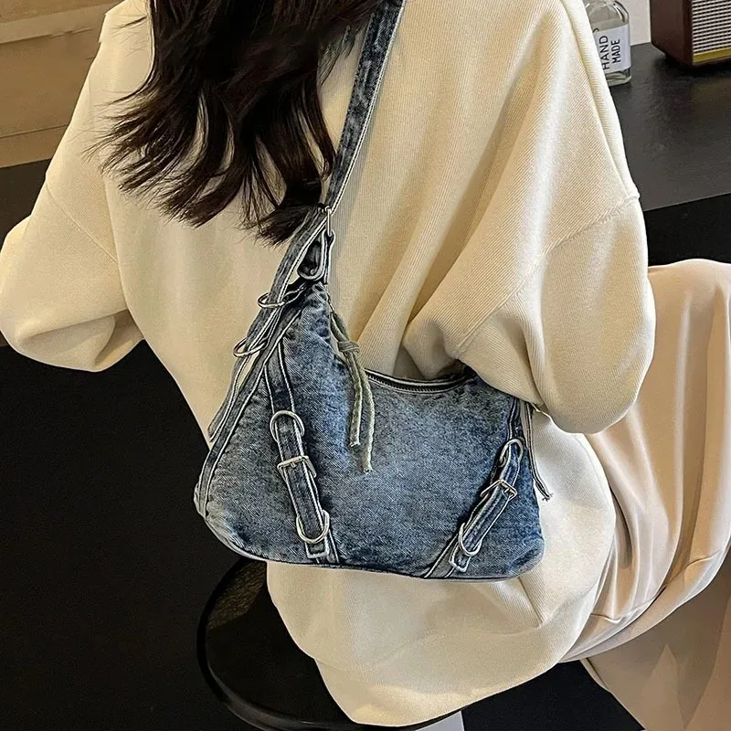 Belt Design Denim Shoulder Bag For Women Korean Fashion Luxury Underarm Bags 2024 New Y2k Retro Handbags Trend Crossbody Bag