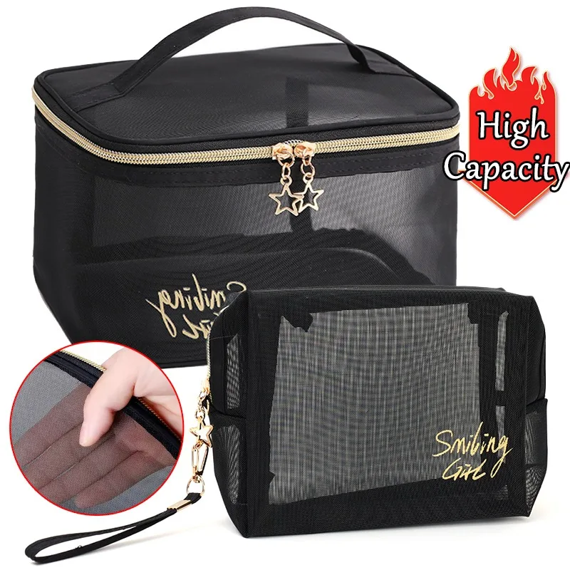 

Multiple Shapes High-capacity Double-layers Black Mesh Makeup Case Storage Pouch Zipper Toiletry Wash Bags Travel Cosmetic Bag