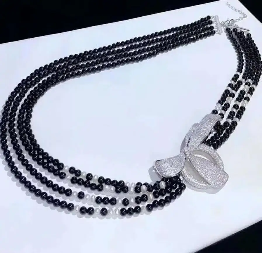 

New style 4strands black stone white freshwater pearl necklace micro inlay zircon accessories long 45-53cm fashion jewelry