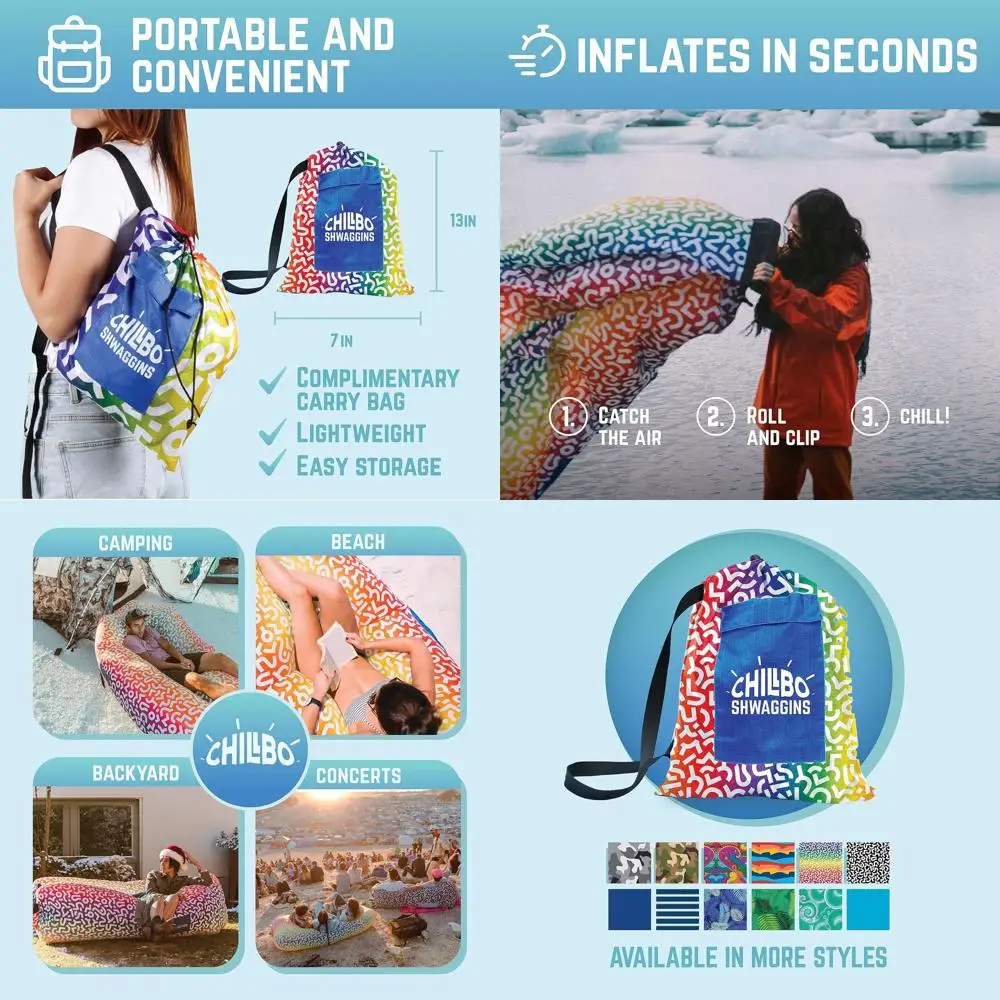 

Portable Rainbow Swizzle Iatable Couch - Ideal for Hiking, Beach, and Music Festivals