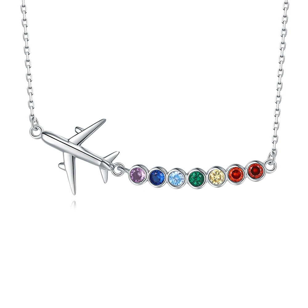 Sparkling Rainbow Crystal Airplane Necklaces 925 Sterling Silver Travel Jewelry Mother's Day Gifts For Women Teen Girl Daughter