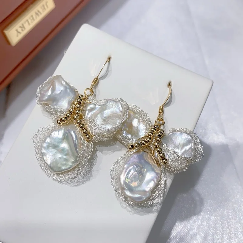 Sgarit brincos de pérola barroca natural, flores artesanais de renda irregular, acessórios de orelha de ouro preenchido 14k, brincos de casamento diy