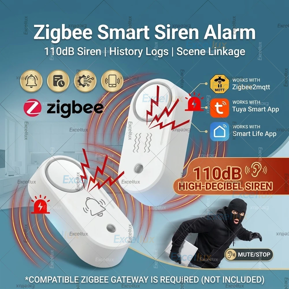 

Сирена-сигнализация Zigbee 110 дБ/датчик обнаружения вибрации, защита от несанкционированного доступа, звуковое и световое оповещение, совместимость с Tuya Smart Life Z2M