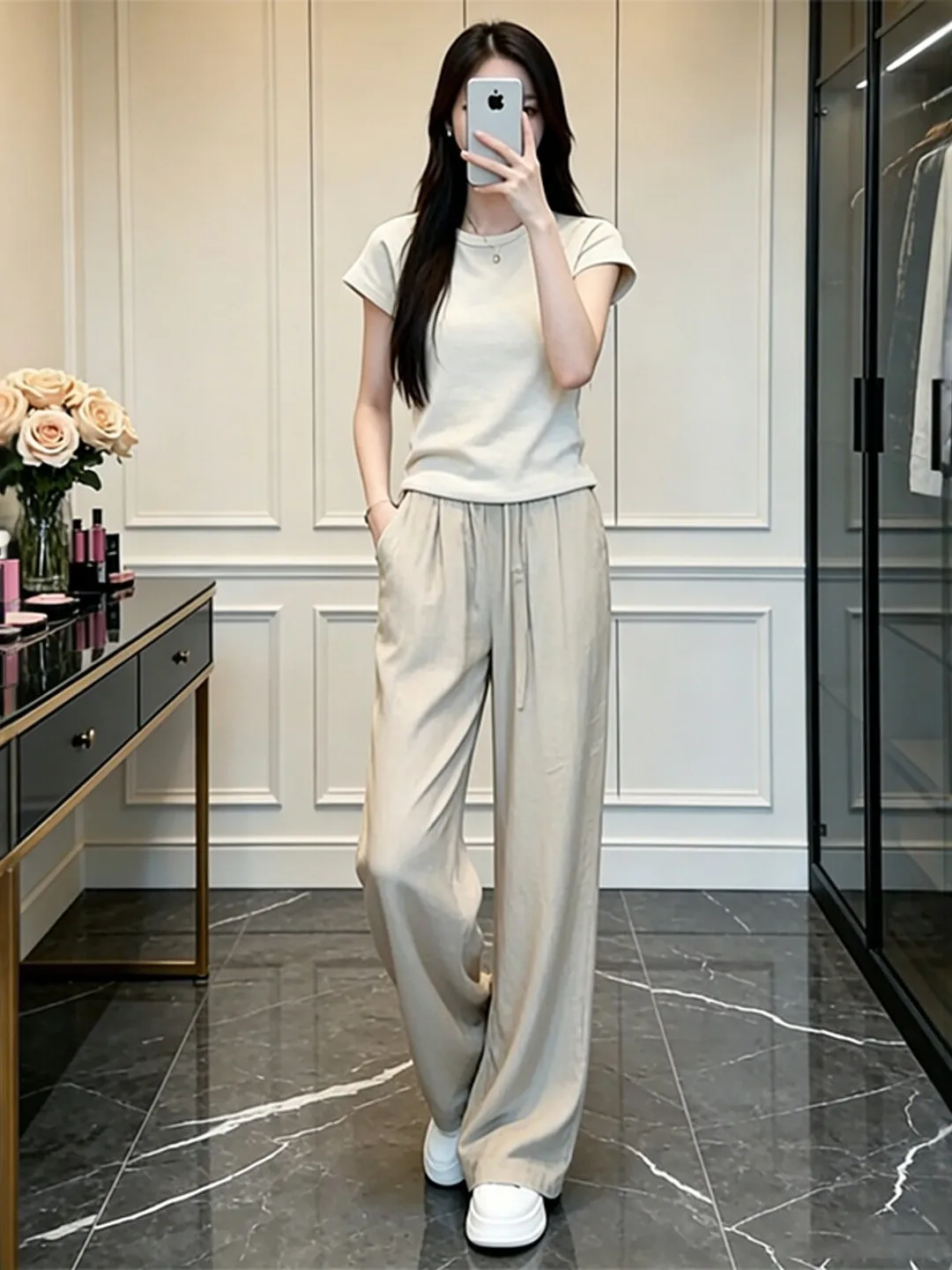 

Casual Slimming Summer Set Women's Short Sleeve Wide Leg Pants Fashionable Two Piece Suit Breathable Sporty Style High Waist