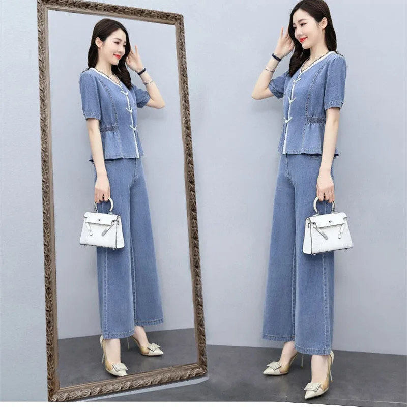 One Piece/Set Ice Silk Denim 2PCS Women 2024Summer New Cowboy Suit Casual Jacket Outfit Thin Wide-Leg Pants Two-Piece Female Top