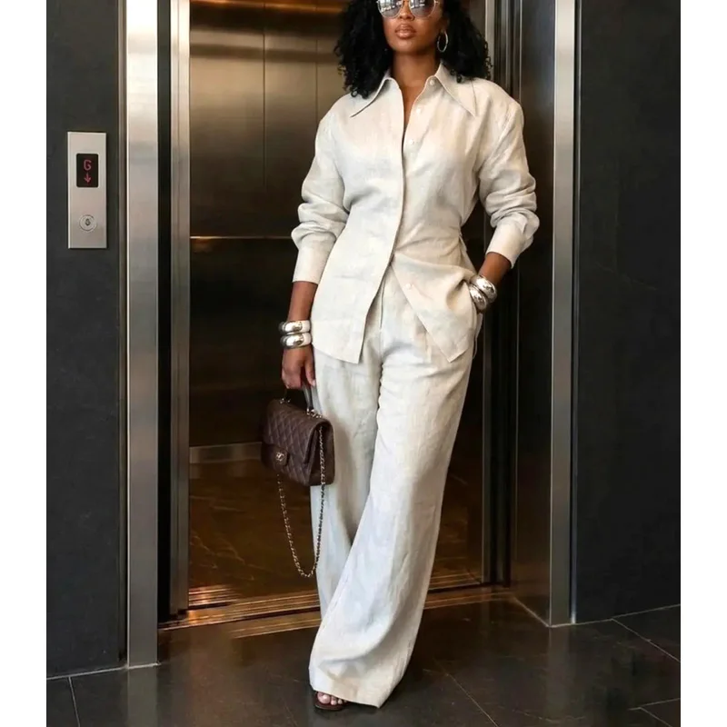 Elegant New African Fashion Women Two Piece Set Solid Color Full Sleeve Shirt Top And Wide Leg Pants Set