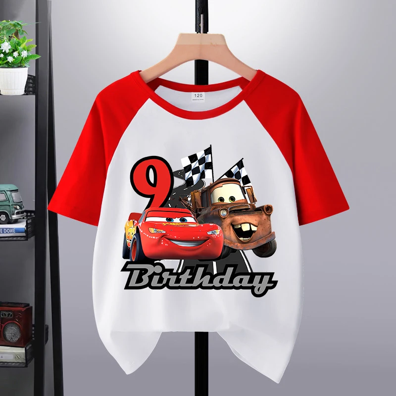 

Lightning McQueen Children's Birthday T-shirt Car Cartoon Anime Figures Short Sleeve Boy Trendy Cool Cotton Tee Kid Clothing Top