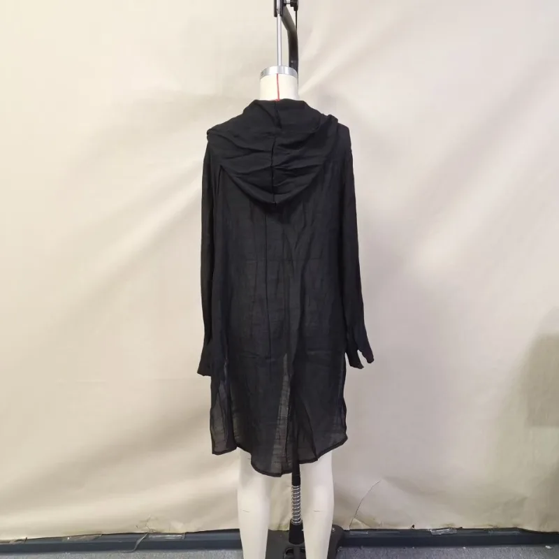 2025 Summer Women Solid Vacation Shirts Dress Fashion Long Sleeve Single Breasted Hooded Holiday Beach Cover Ups Bikini Sarong