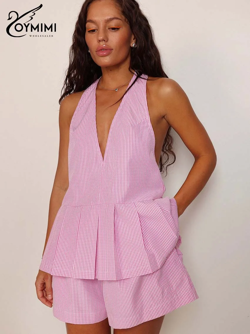

Oymimi Women's Pink Textured Gingham Halter Romper 2026 Spring Deep V Open Back Tiered Ruffle Shorts Set Vacation Chic Outfi