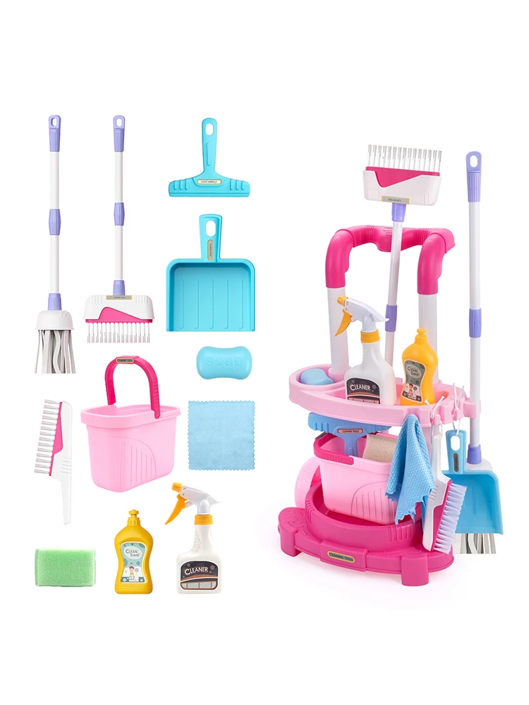 12 pièces/ensemble ensemble de nettoyage pour enfants avec chariot à main jouets de nettoyage de vie simulée semblant jouer hygiène nettoyage maison de jeu jouet garçons et filles