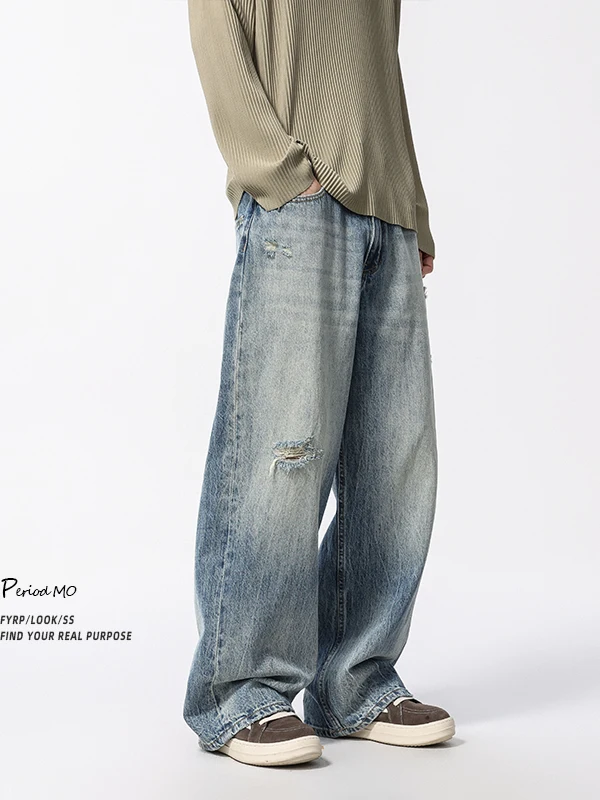 

Retro American Design Men's Jeans Straight Leg Waed Hole Wide Leg Pants Casual Loose Fit Jeans Autumn Season Casual Sle